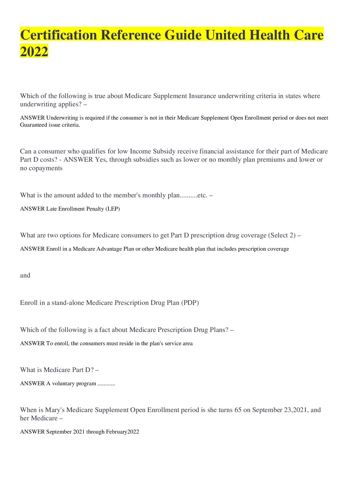 Preview image for Certification Reference Guide United Health Care 2022 solved 100%